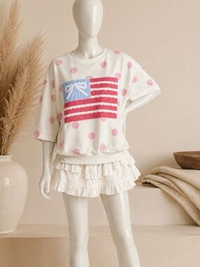 Peach Love California Cream Pink Polka Dot American Flag Bow Top